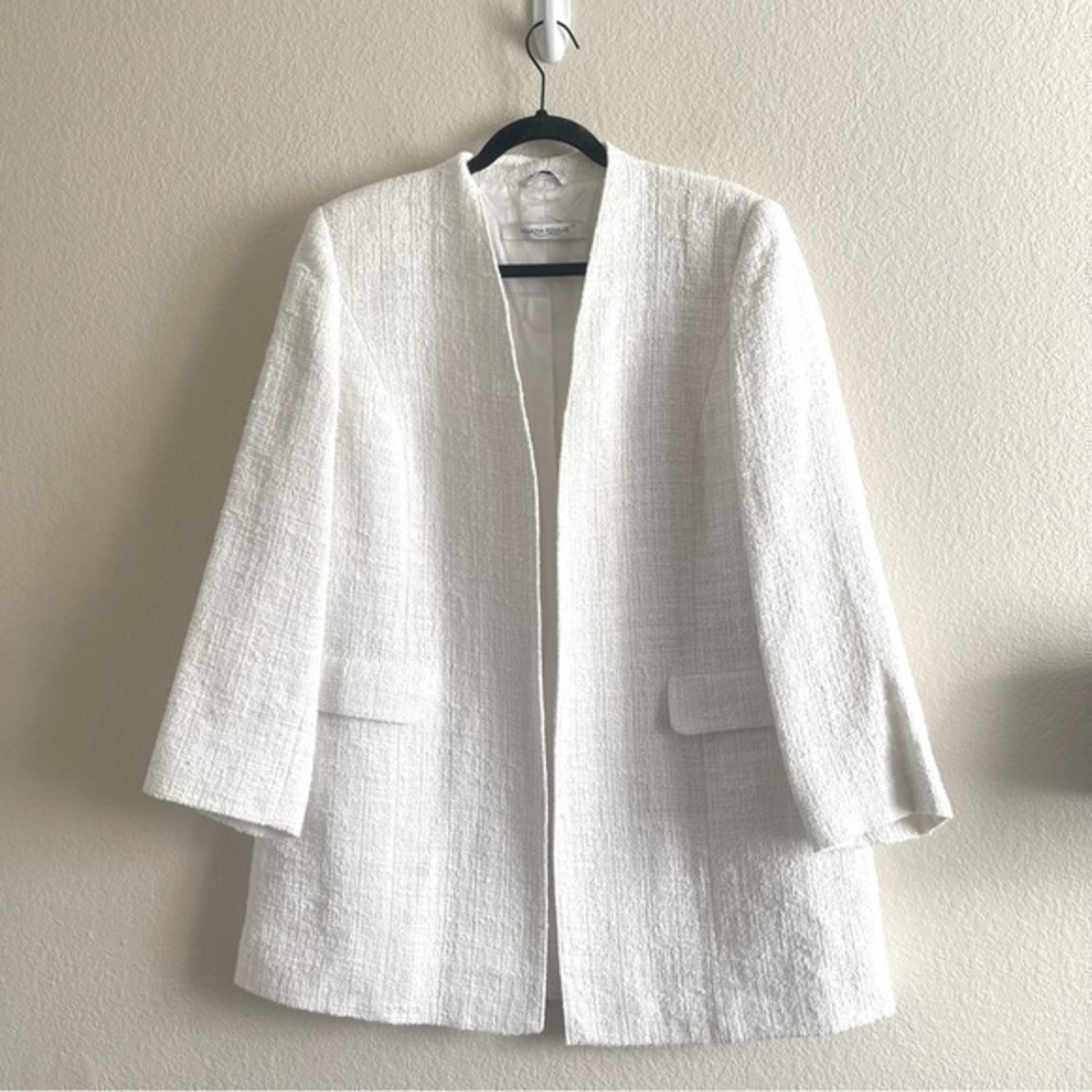 Marina Rinaldi White Tweed Open Front Longline Blazer Curpo Blend Womens Size 12